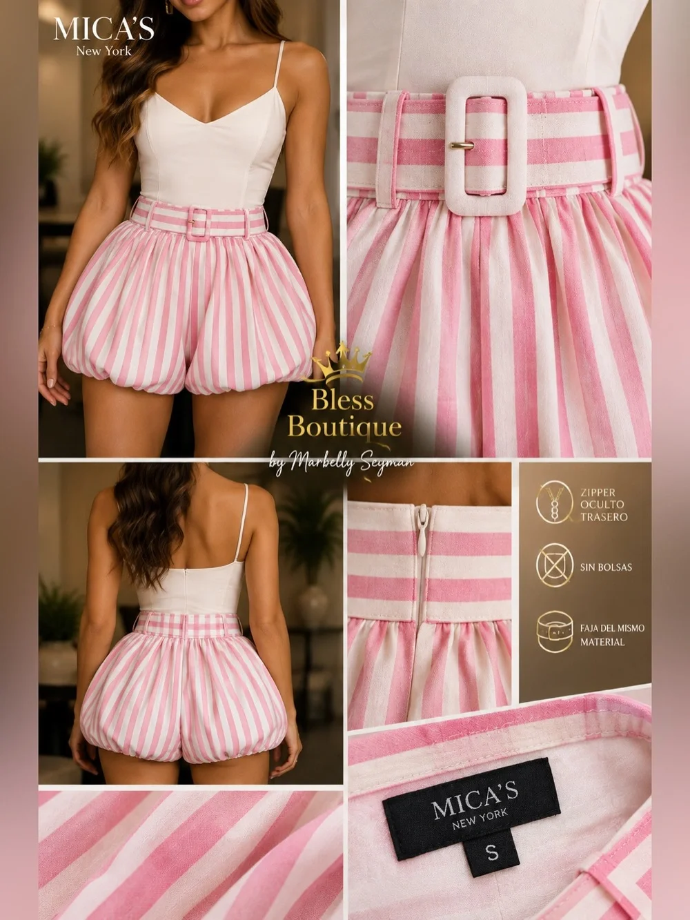 MICA’S Pink & Ivory Striped Bubble Shorts w/ Matching Belt Size S